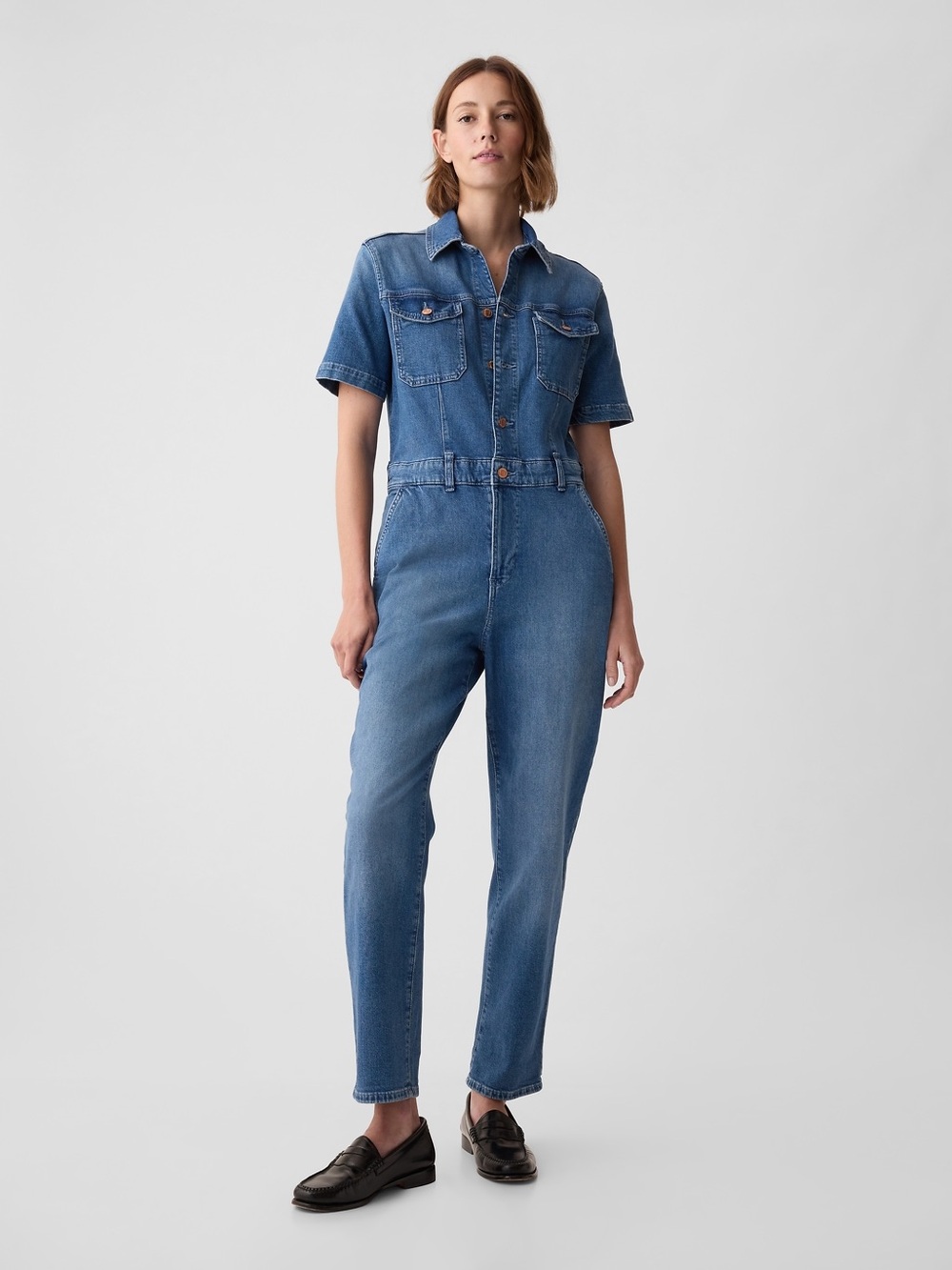 GAP Women's Blue Short-Sleeve Denim Jumpsuit